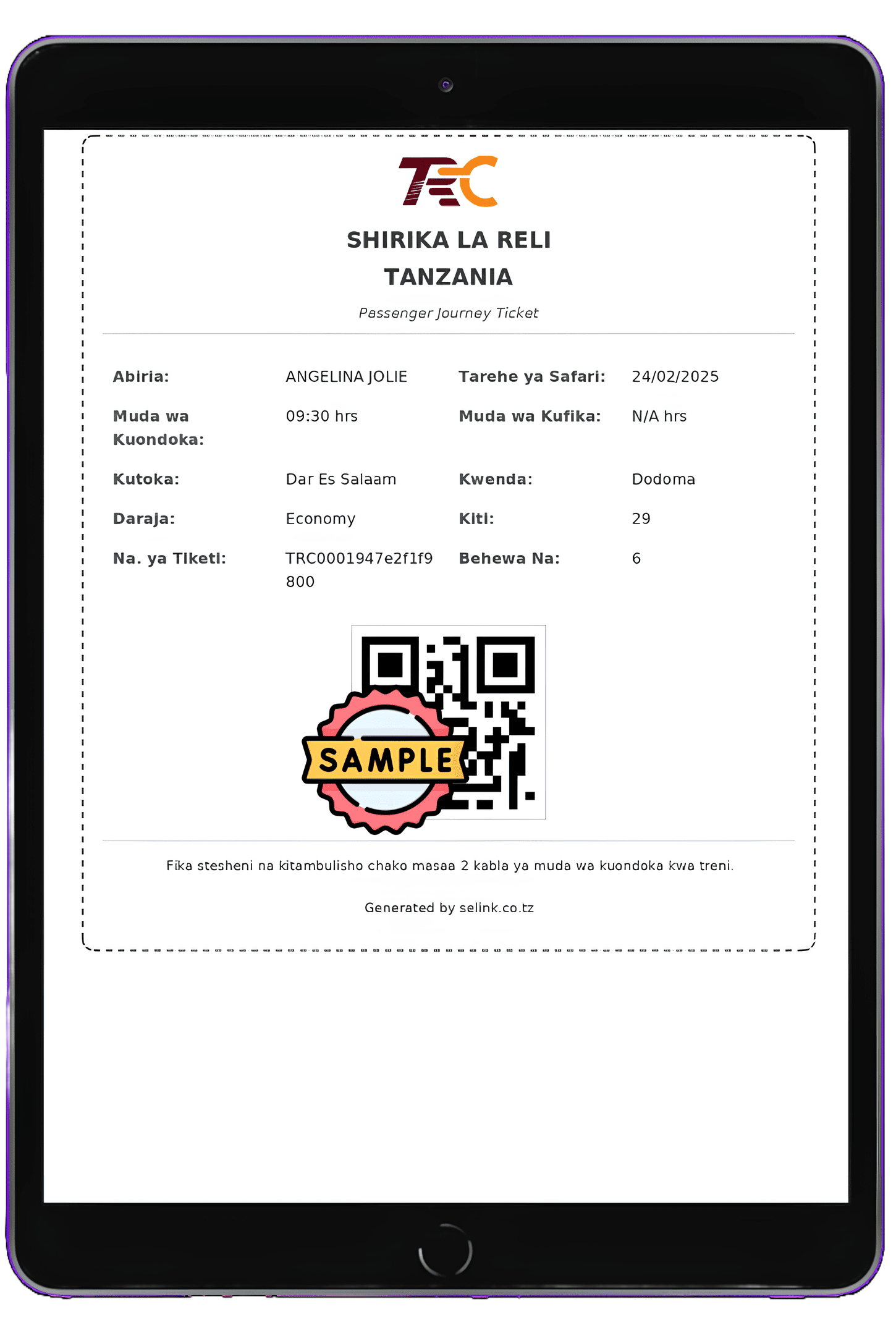 Example of generated digital ticket on a tablet